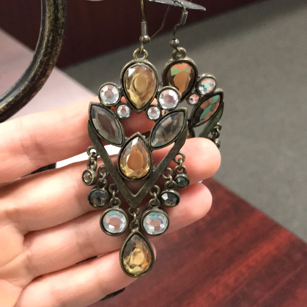 Bronze grey clear gem metal earrings